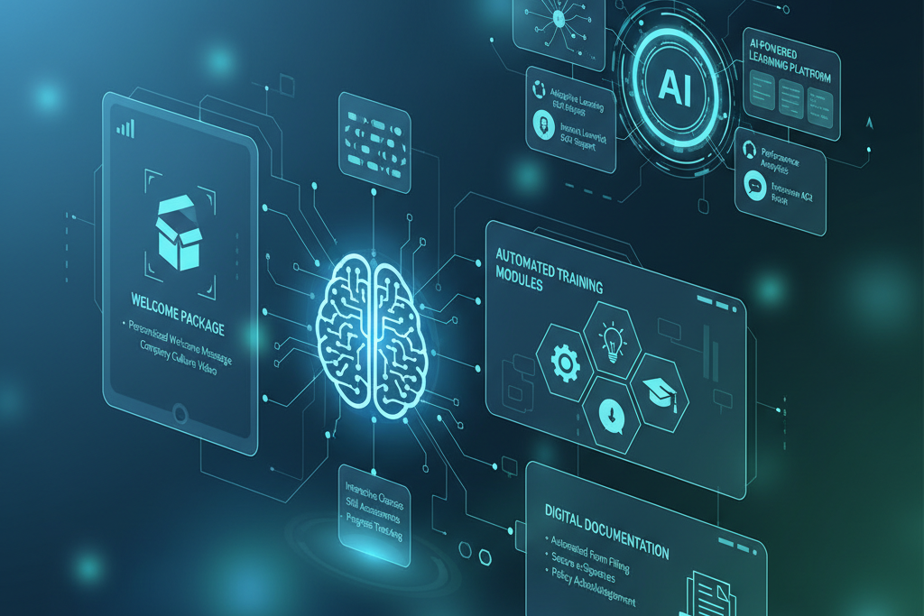 Sztuczna inteligencja wizualizowana jako neuronowa sieć analizująca dane z wielu źródeł, symbolizująca zaawansowaną rekrutację.