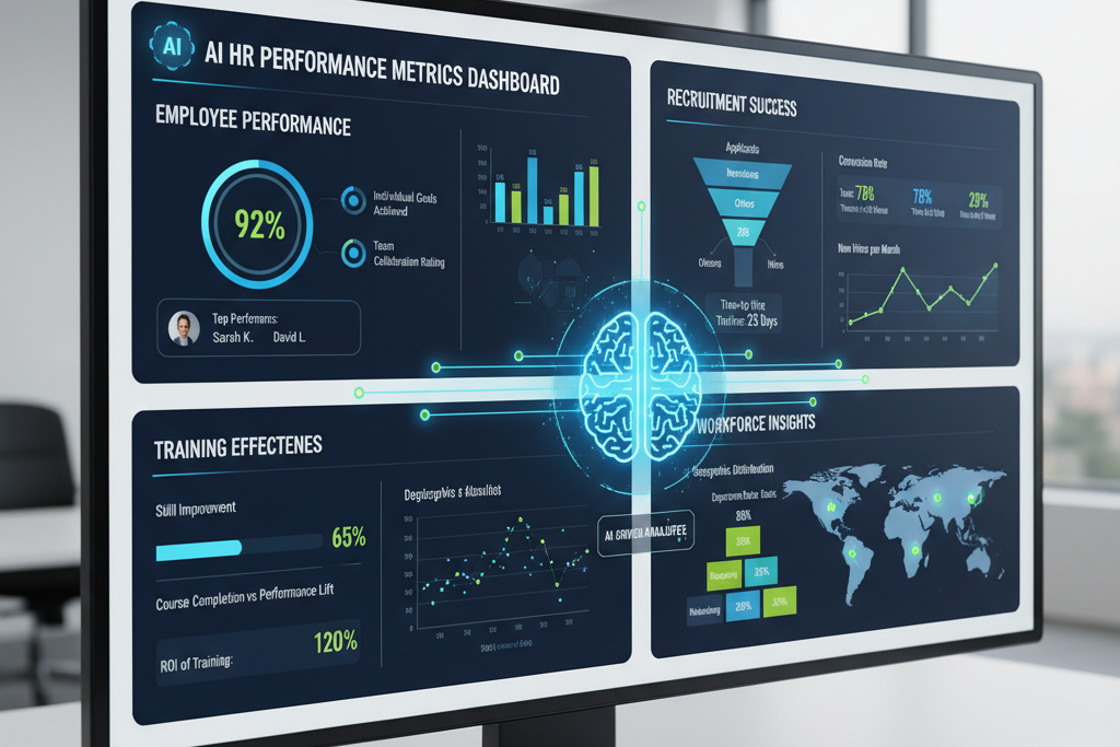 Futurystyczny interfejs AI wyświetlający dane dotyczące szkoleń i rozwoju, symbolizujący spersonalizowane ścieżki kariery.