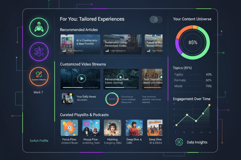 Digital user interface displaying personalized content recommendations and a user profile with data