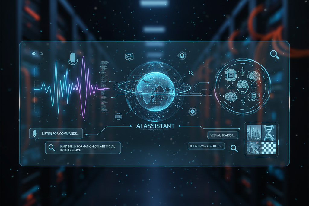 A person interacting with a smart speaker for voice search and another person using a smartphone for visual search on objects