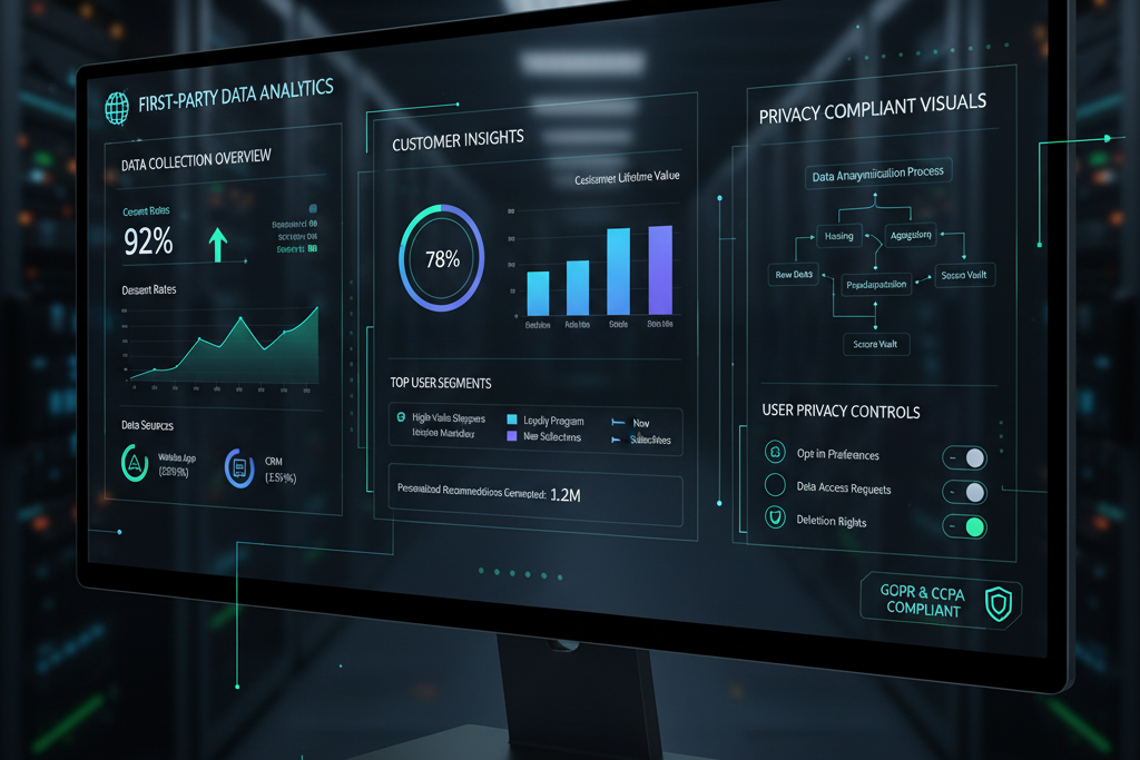 Abstract visualization of secure first-party data flowing into a centralized system, representing privacy and compliance