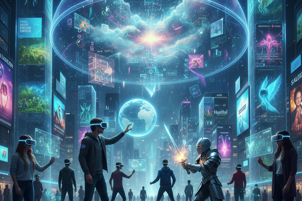 People interacting with immersive augmented reality content, blending digital elements with the real world