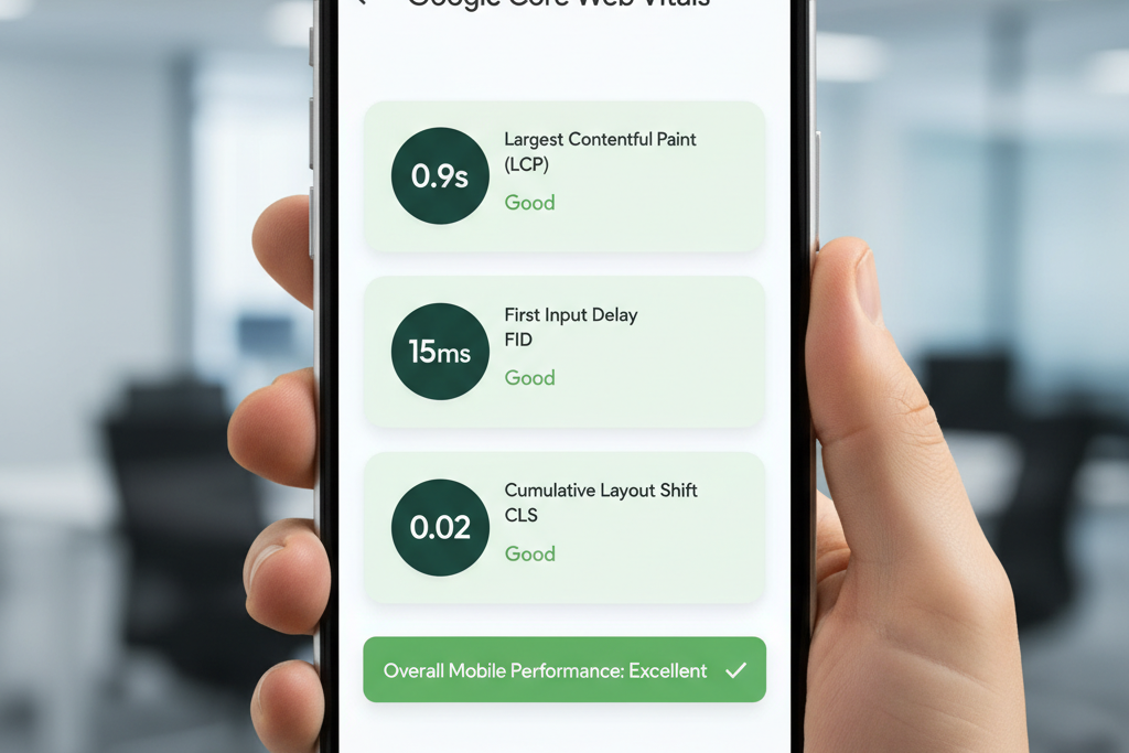 Infographic illustrating Core Web Vitals metrics: LCP, FID, and CLS, with measurement gauges and targets for mobile performance.