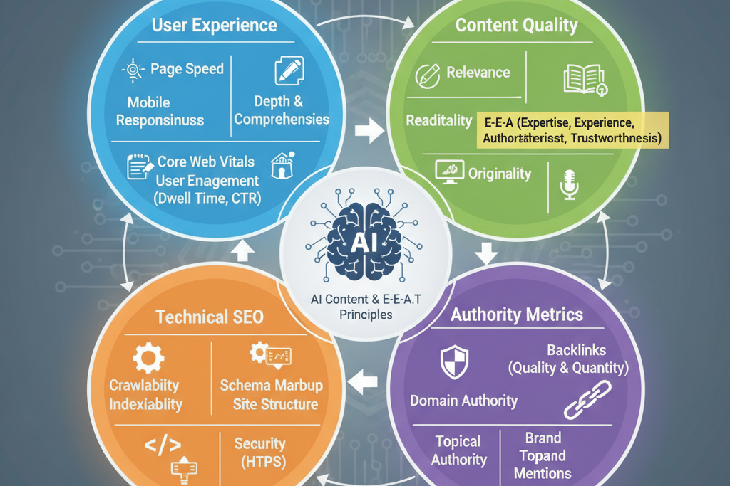Digital representation of content flowing, with an arrow pointing to a 'canonical' tag, symbolizing correct handling of duplicate content