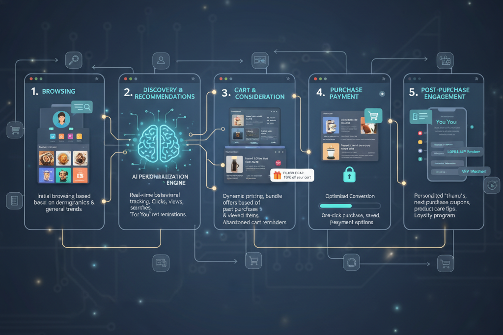 Flowchart showing the customer journey with AI personalization at each stage