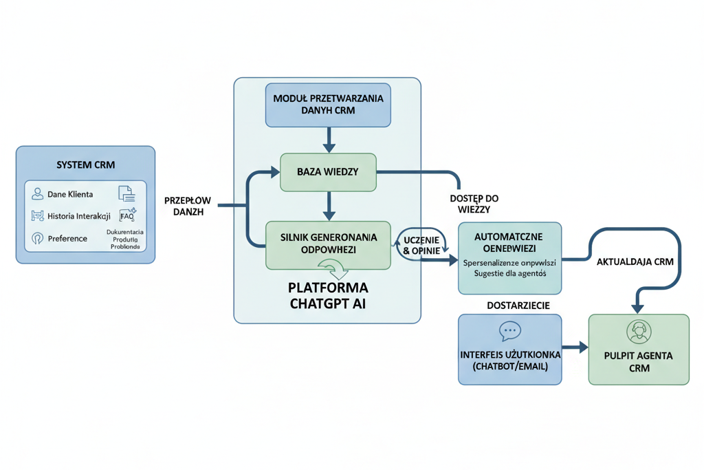 AI chatbot flow diagram showing query, analysis, knowledge base, and response