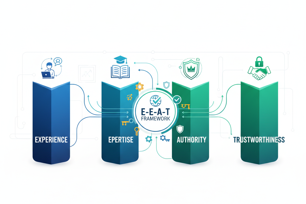 Conceptual diagram illustrating the four pillars of E-E-A-T: Experience, Expertise, Authority, and Trustworthiness, forming a strong foundation for content.