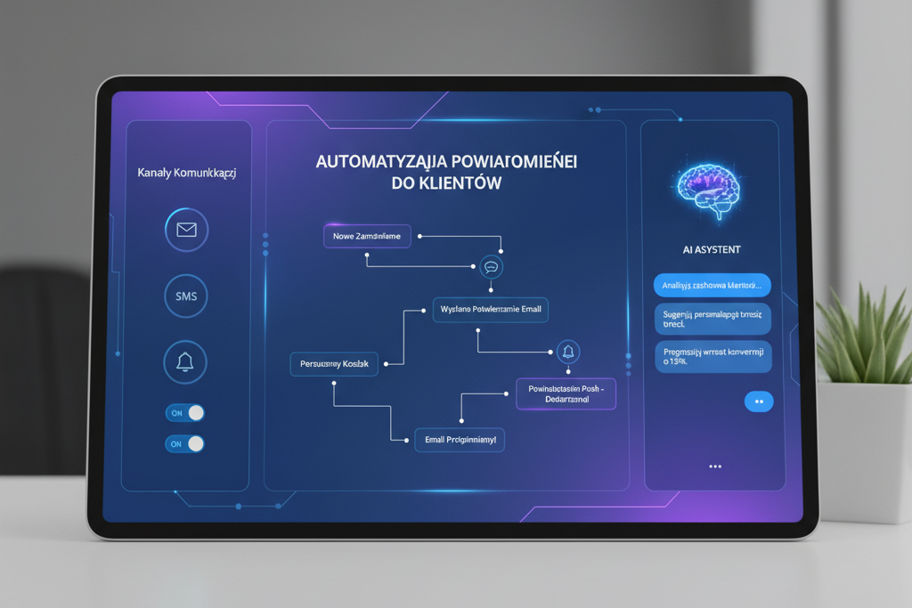 A visual representation of intelligent customer notifications across multiple channels like email, SMS, and push notifications, with an AI brain icon at the center, symbolizing personalization.