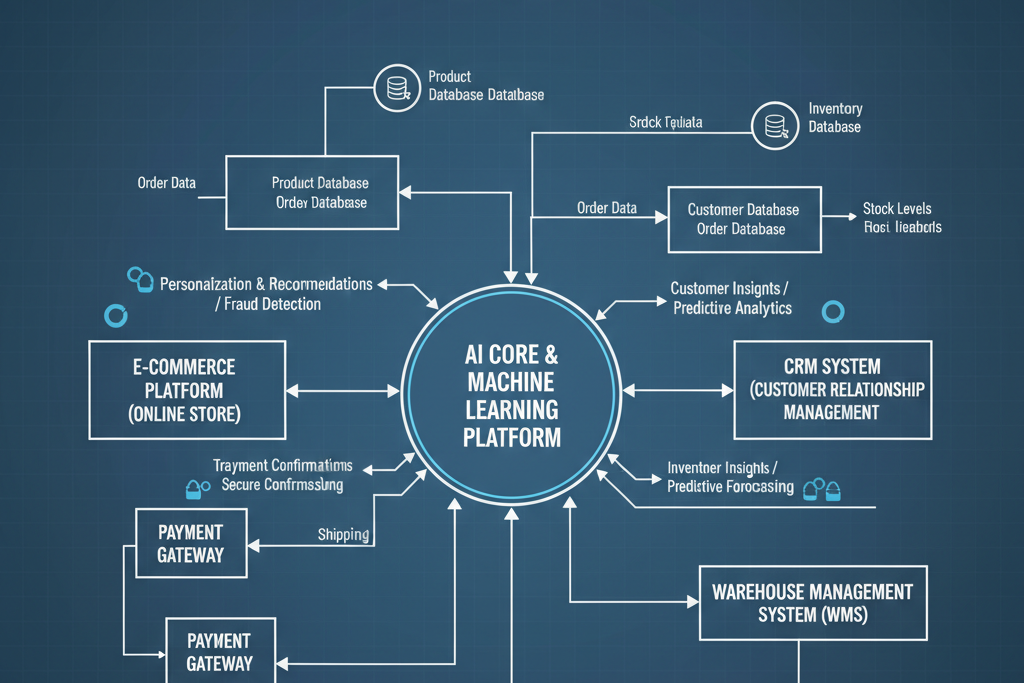 A network diagram showing various business systems like e-commerce, CRM, payment, warehouse, and shipping connected to a central AI automation system, symbolizing seamless integration.
