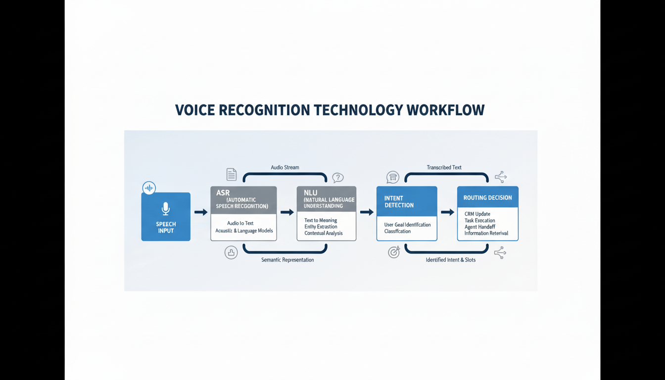 A visual representation of an intelligent IVR system, showing speech input leading to natural language processing and then smart routing.