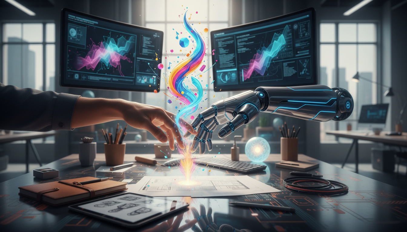 A stylized illustration showing human and AI hands shaking, symbolizing collaboration and partnership in a futuristic, digital setting.