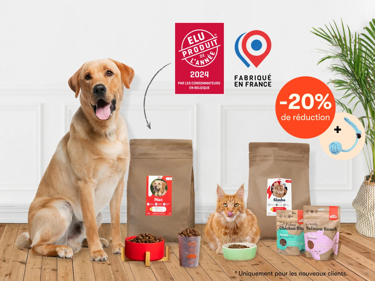 Un chien se tient à côté d'une gamme de produits Just Russel pour présenter une offre de réduction