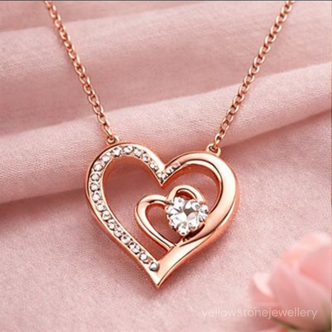 Rose Gold Plated Double Heart Pendant Necklace with American Diamonds