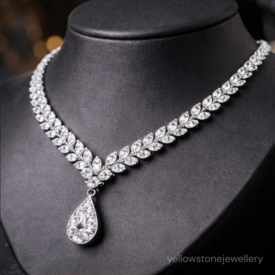 Silver Plated American Diamond Leaf Vine Necklace with Teardrop Pendant