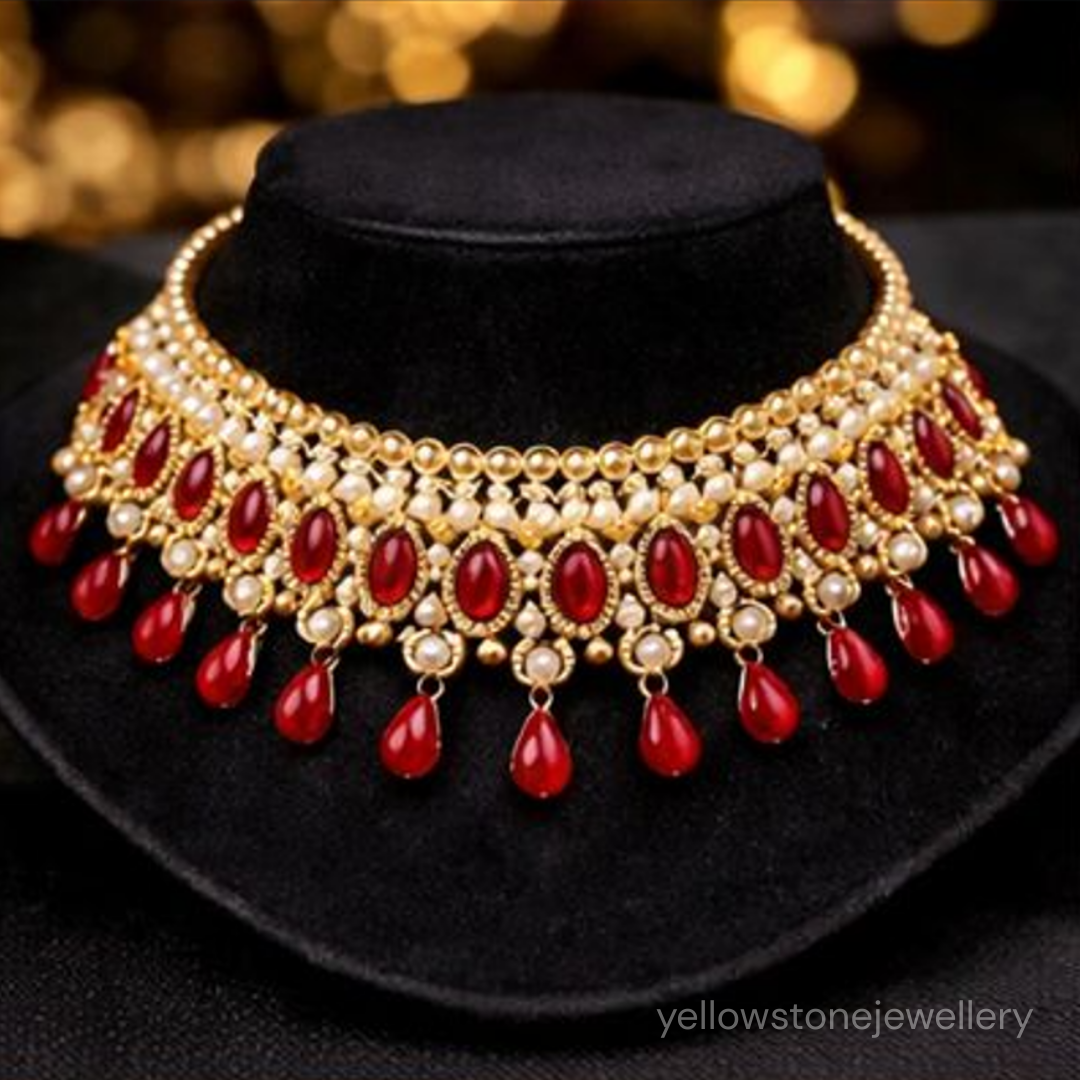 Gold Plated Red Onyx Beads & Faux Pearl Bridal Choker Necklace