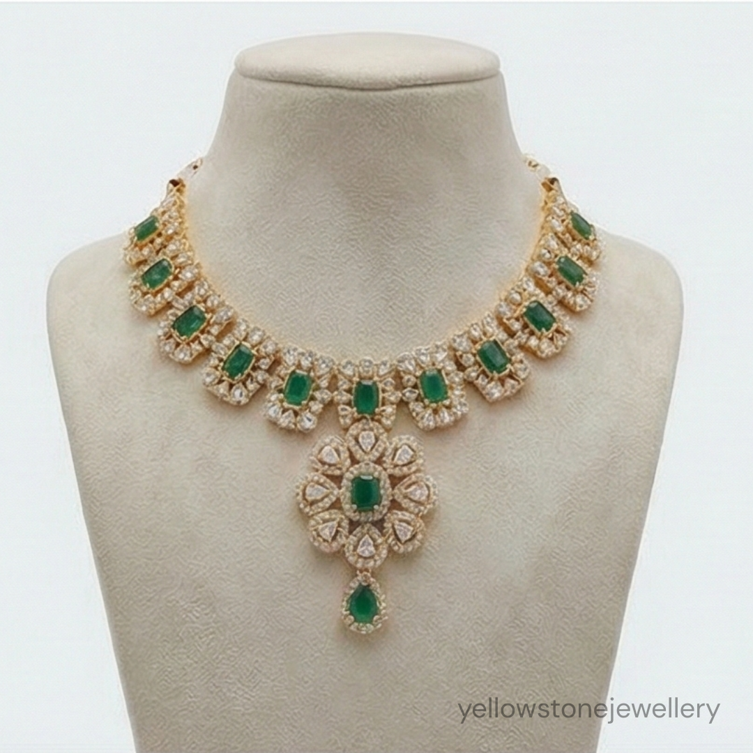 Artificial Emerald Necklace | Green Stone & CZ Crystal Wedding Jewellery