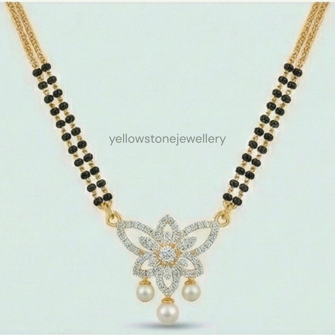 Traditional Double Chain Black Bead Mangalsutra with Stone & Pearl Pendant