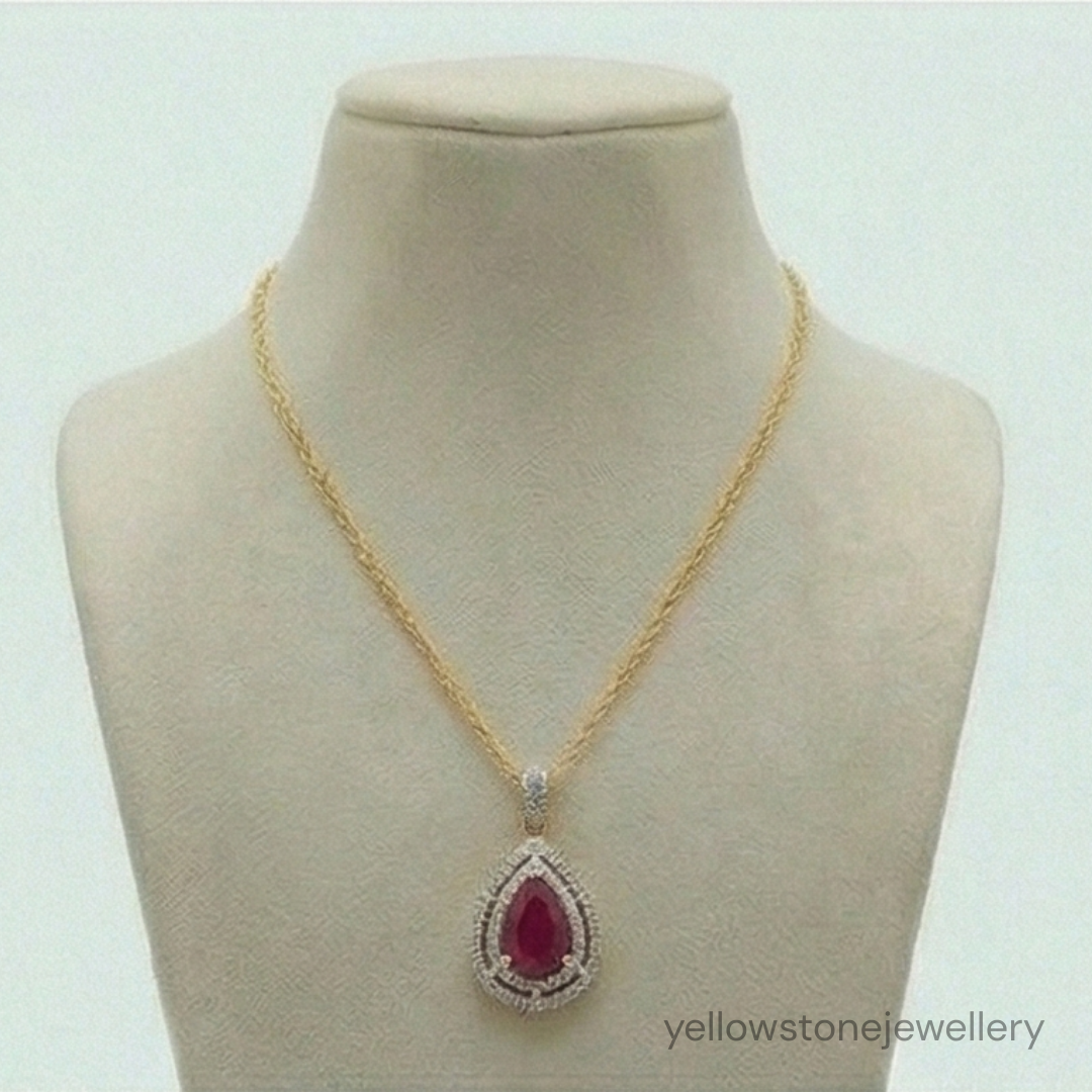 Gold Plated Ruby Red Pear-Cut Pendant with Double AD Halo