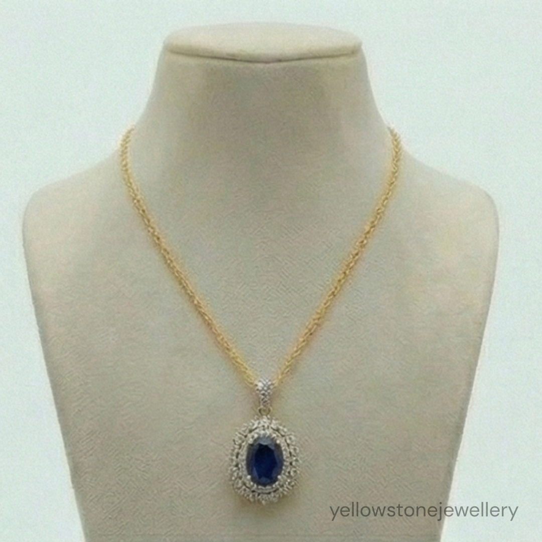 Gold Plated Oval Blue Sapphire & American Diamond Halo Pendant Necklace