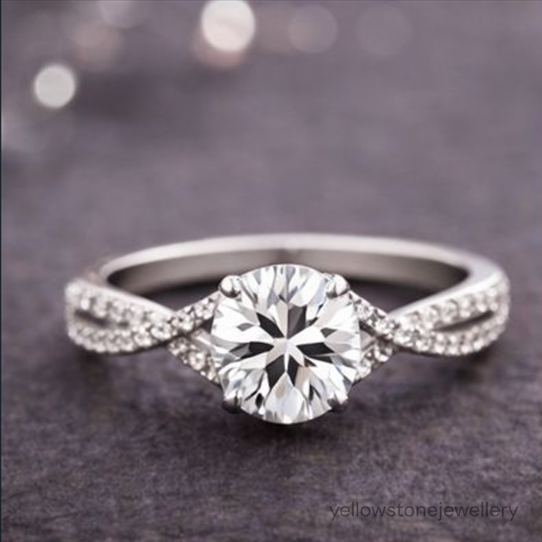 Silver Plated Round Solitaire Ring with Twisted Infinity Band (American Diamond)