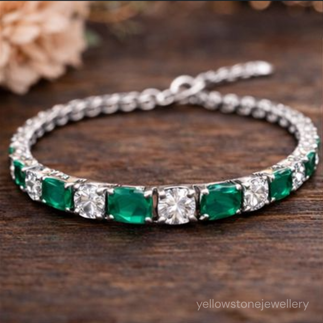 Artificial Emerald Tennis Bracelet | Silver Tone CZ Stone Hand Jewellery