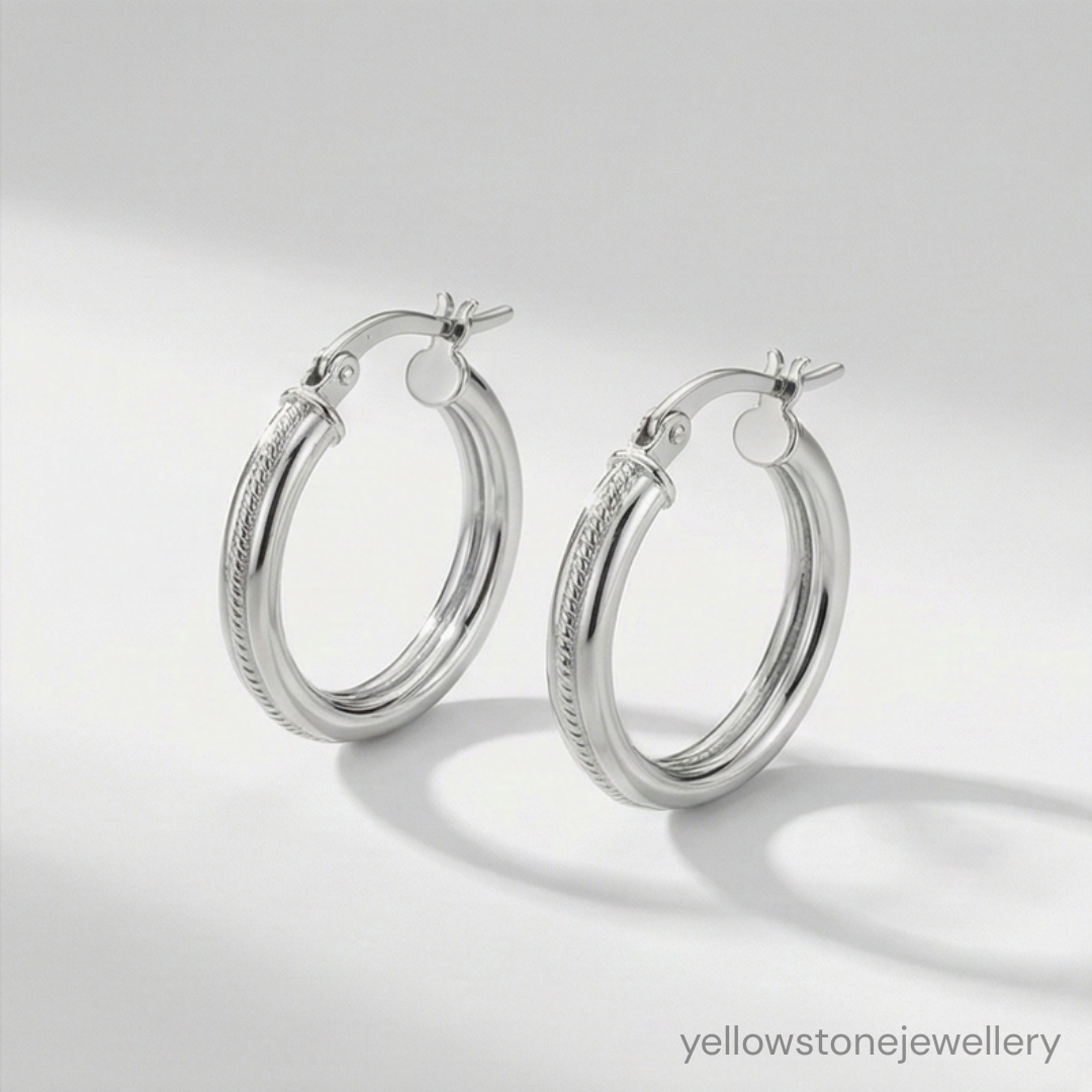 Sterling Silver Rope-Textured Hoop Earrings with Hinged Clasp