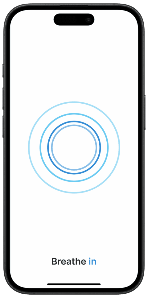 BreathInU on iPhone pacing a breath with expanding circles and a “Breathe in” cue