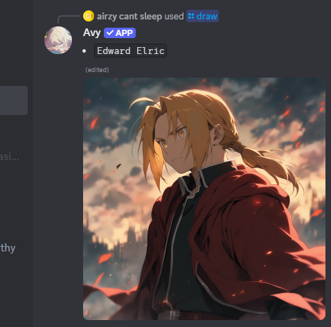 Avy in discord answering /draw with a drawing of Edward Elric