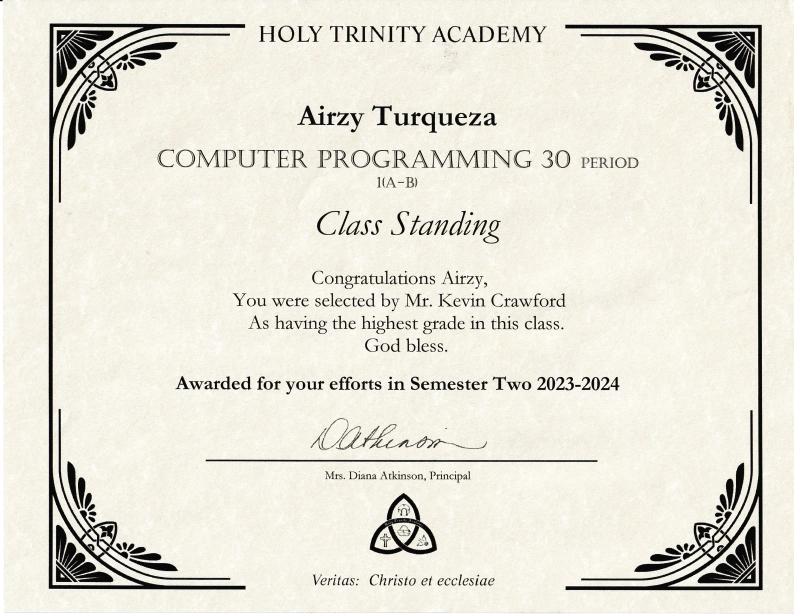 Holy Trinity Academy class standing certificate for the highest grade in Computer Programming 30, 2023-2024
