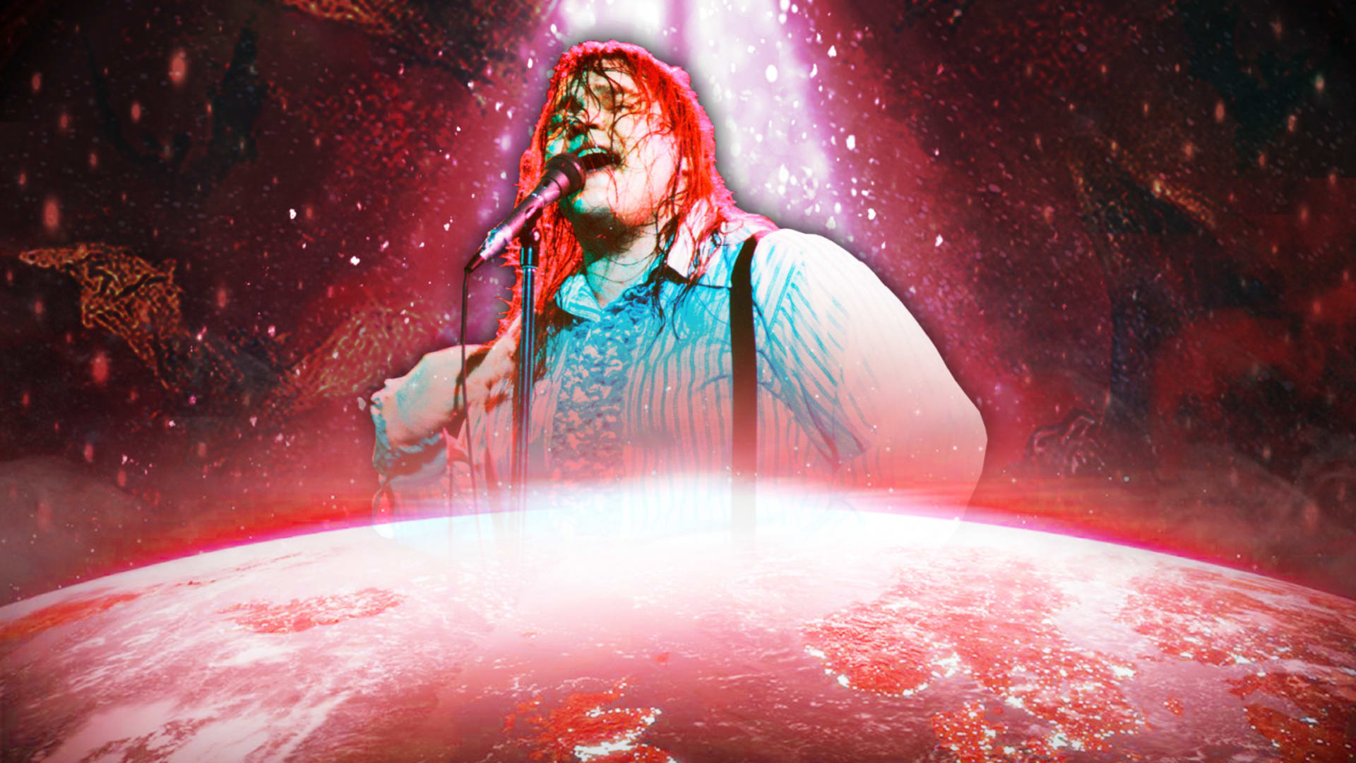 A figure with long red-tinted hair singing into a microphone against a crimson and purple cosmic background with a glowing planetary horizon.