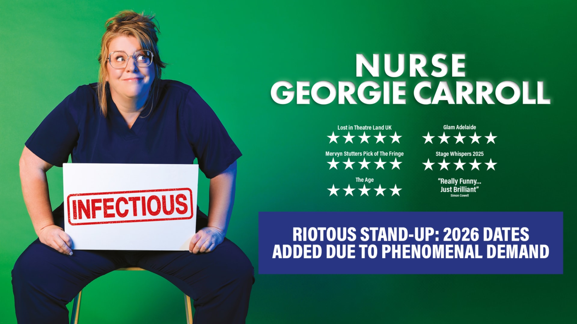 Promotional graphic for Nurse Georgie Carroll: Infectious on a green background with a person in navy scrubs holding an INFECTIOUS sign.