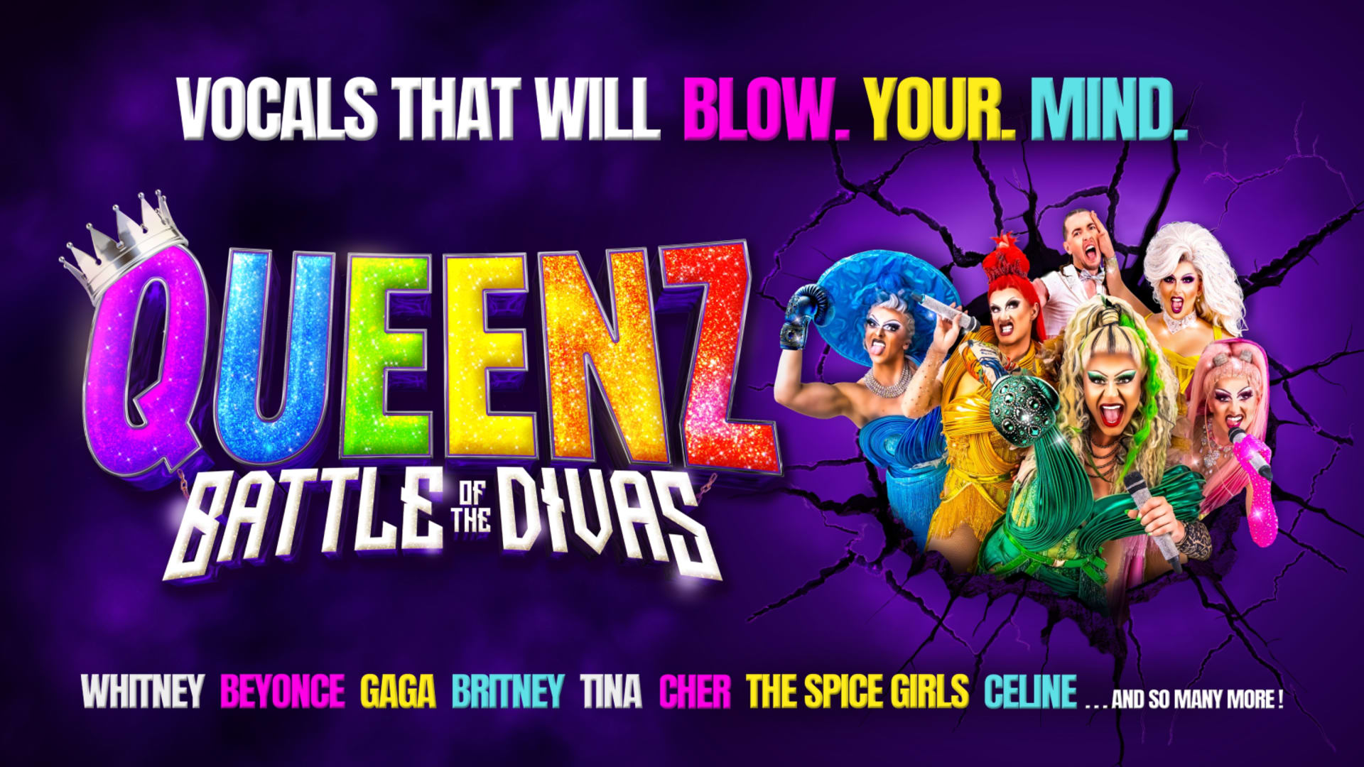Promotional poster for Queenz: Battle of the Divas! with rainbow glitter lettering and artist names on a purple lightning background.