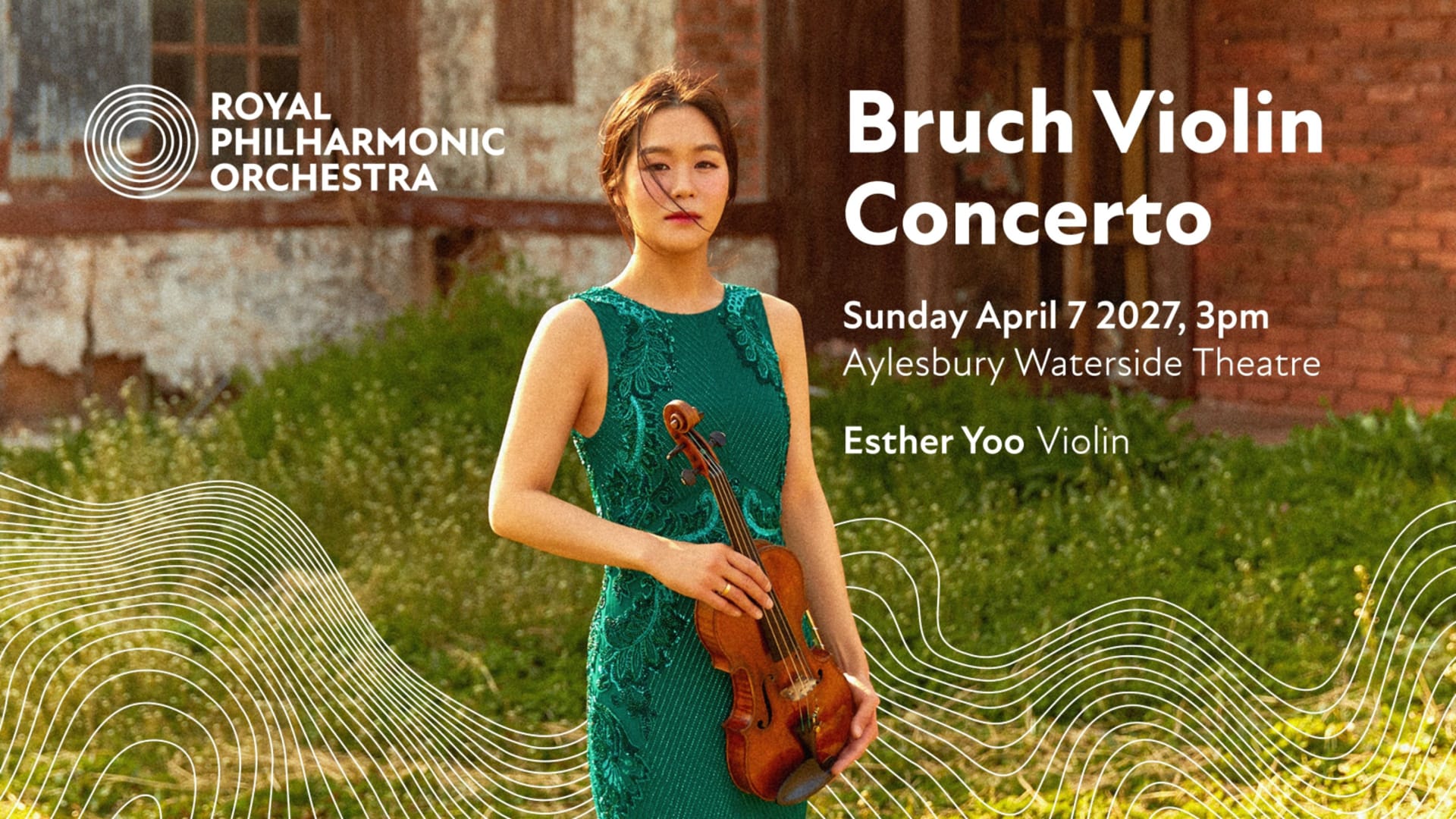 Promotional artwork for the Royal Philharmonic Orchestra showing white title text over a photograph of a person in a teal dress holding a violin.