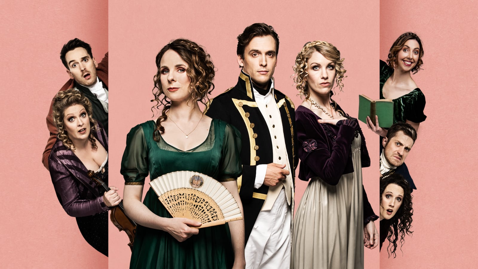 Ensemble of performers in Regency costume against a dusky pink background, with exaggerated expressions.