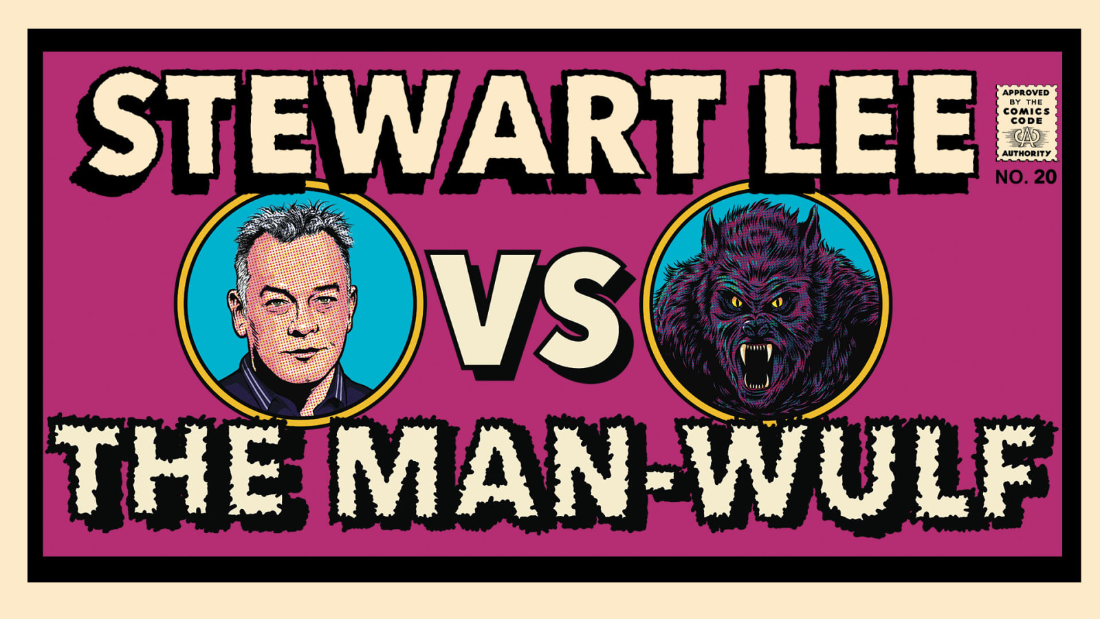 Comic-book cover styled title card on a magenta background reading 'STEWART LEE VS THE MAN-WULF' in bold horror lettering.