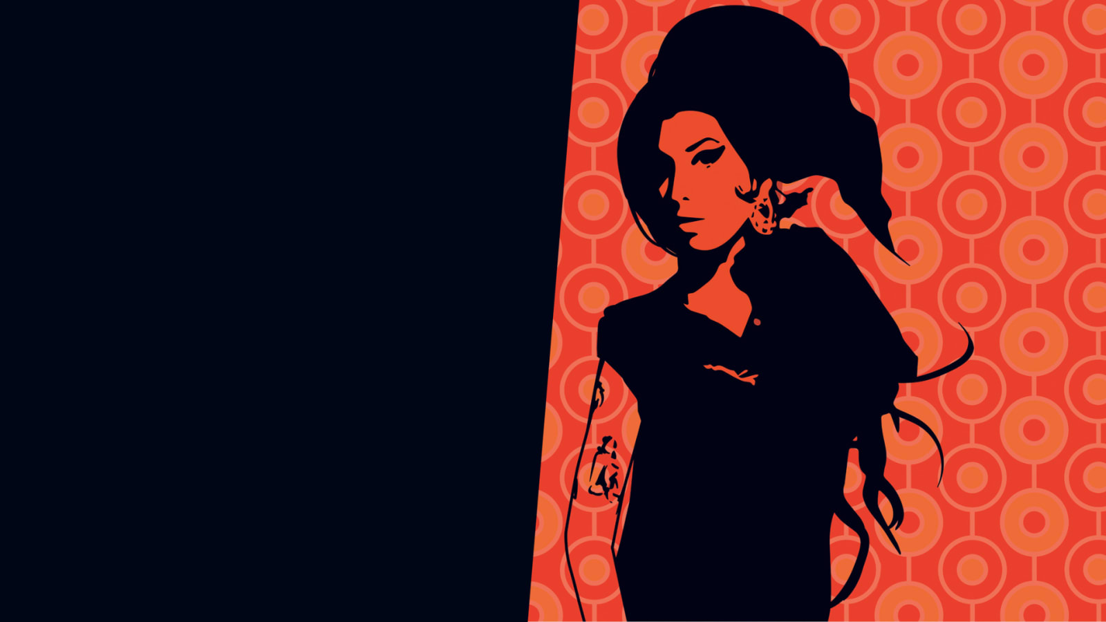Graphic illustration of a stylised silhouette with a beehive hairstyle and arm tattoo against a navy background with an orange geometric panel.