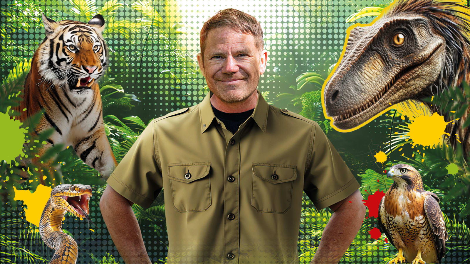 A man in a khaki shirt stands against a jungle backdrop surrounded by illustrated animals including a tiger, snake, hawk and raptor dinosaur with yellow and red paint splashes.