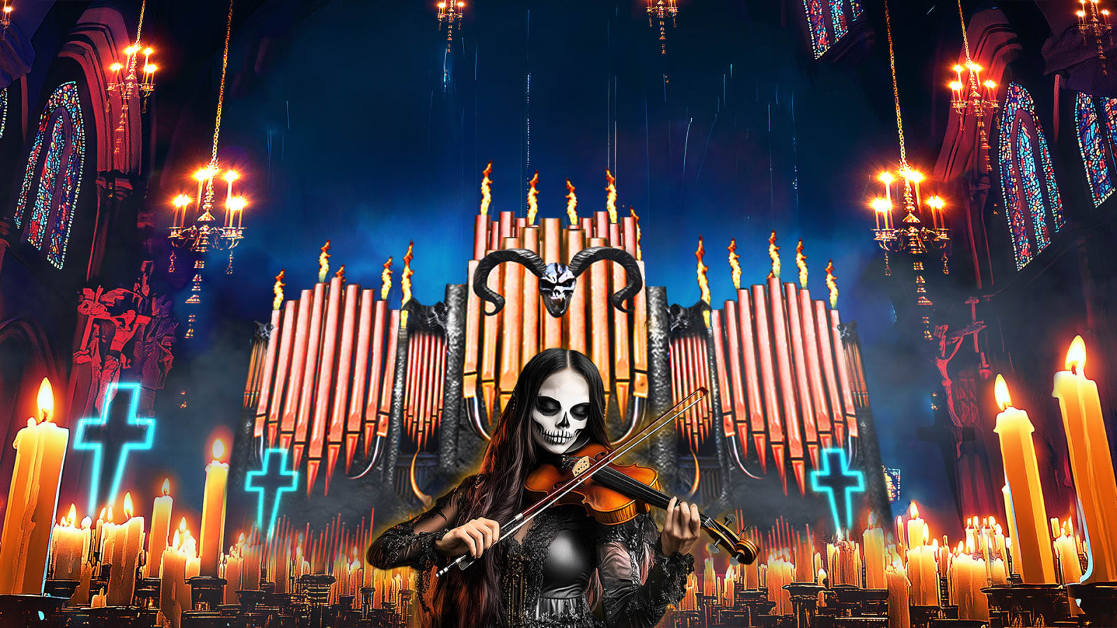 A skull-faced violinist in black plays amid rows of tall white candles, neon blue crosses and a gothic pipe organ inside a cathedral interior.