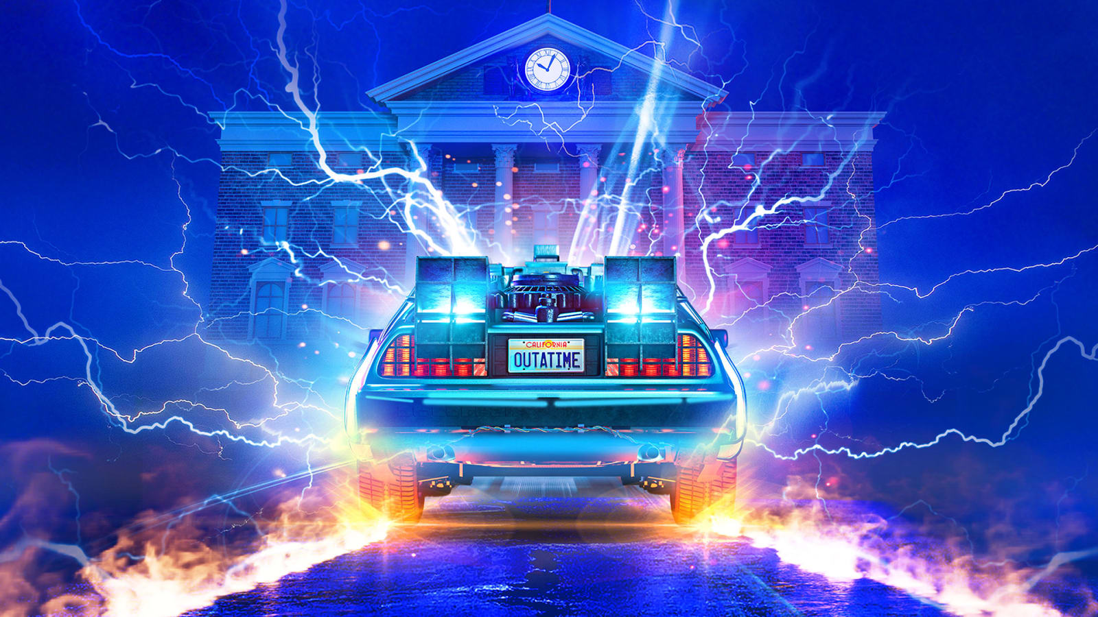 Rear view of a silver DeLorean with a number plate reading OUTATIME, surrounded by flames and lightning against a blue sky with a clock tower behind it.