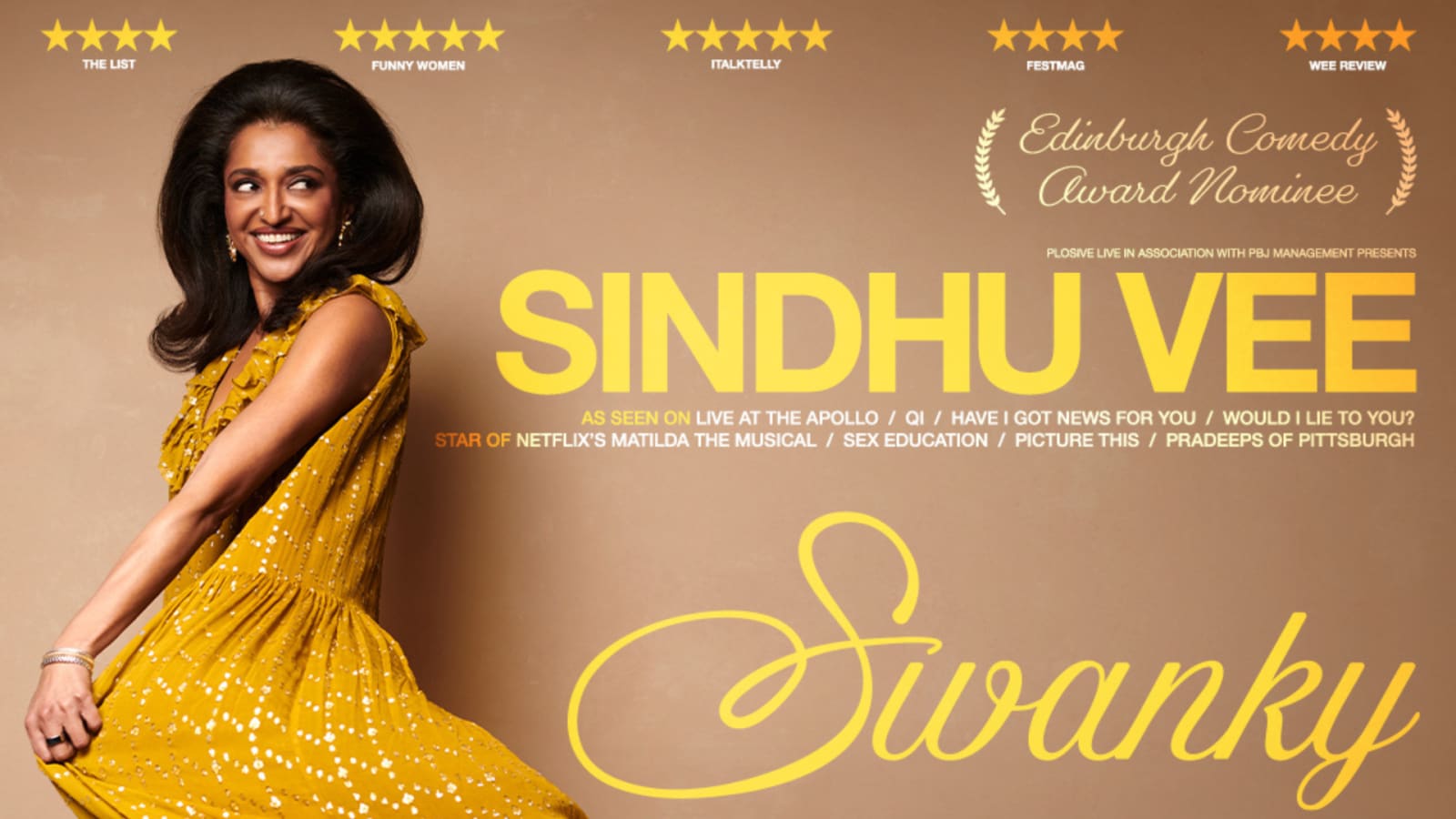 Promotional poster reading SINDHU VEE: Swanky in large gold lettering on a beige background, with five-star review quotes and an Edinburgh Comedy Award Nominee laurel badge