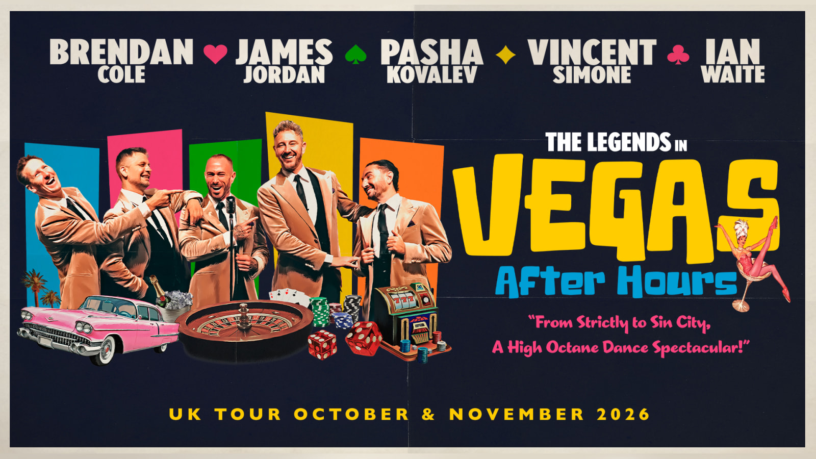 Tour poster for The Legends in Vegas: After Hours with illustrated figures in tan suits, bold yellow and blue title lettering, casino props and a showgirl silhouette.