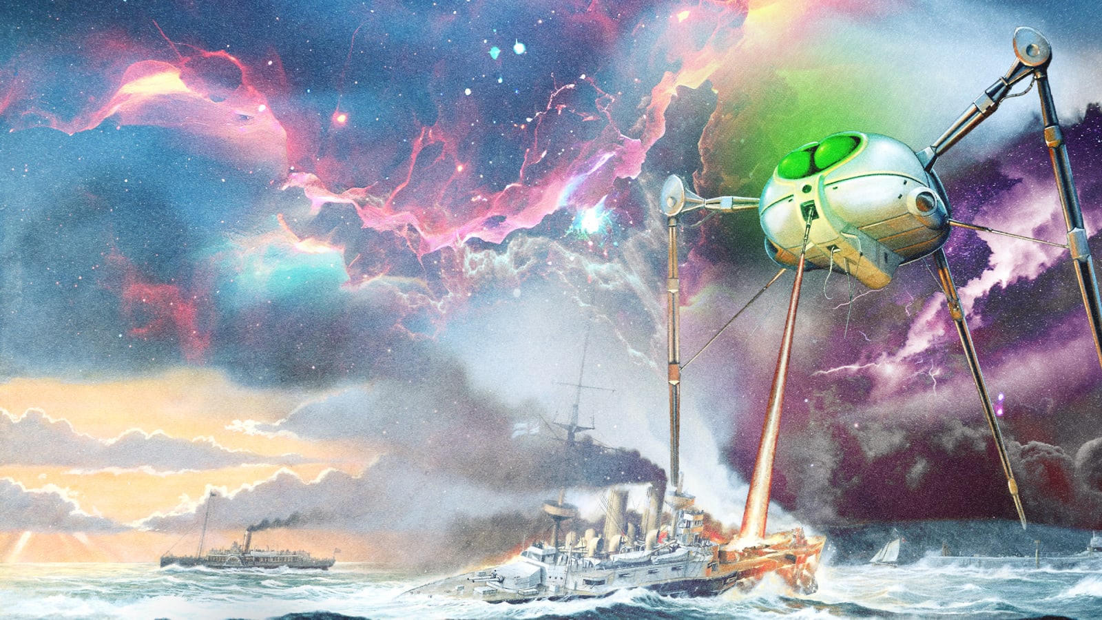 Illustrated artwork showing a three-legged alien fighting machine firing beams onto a Victorian warship in stormy seas beneath a turbulent colourful sky.