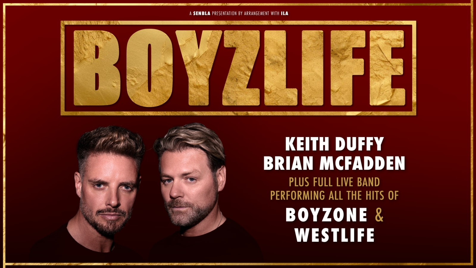 Gold textured lettering spelling BOYZLIFE on a dark red background, with text naming Keith Duffy and Brian McFadden and a portrait of two men in dark tops.