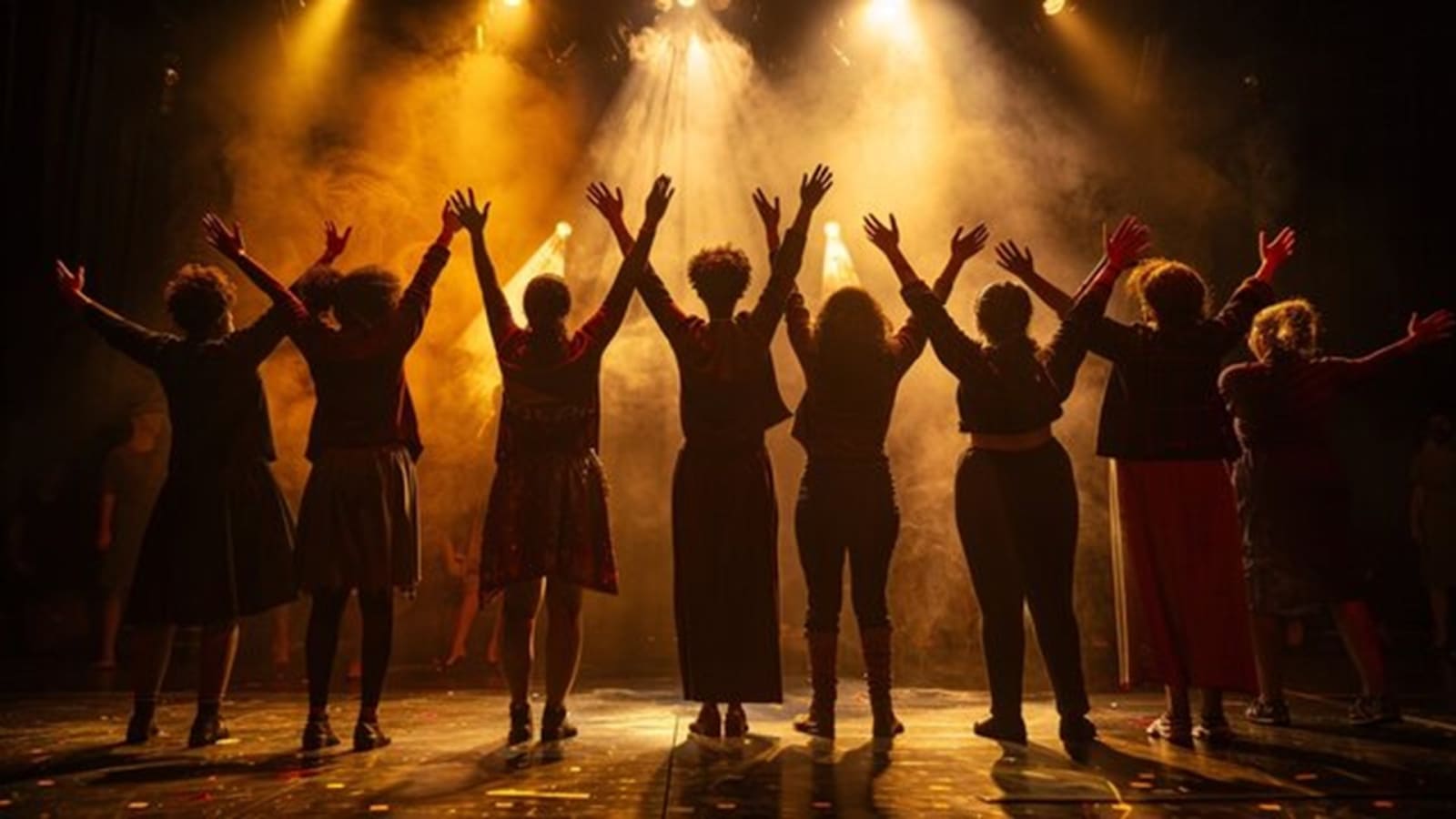 A line of performers seen from behind, arms raised, silhouetted against warm golden stage lighting on a theatre stage.