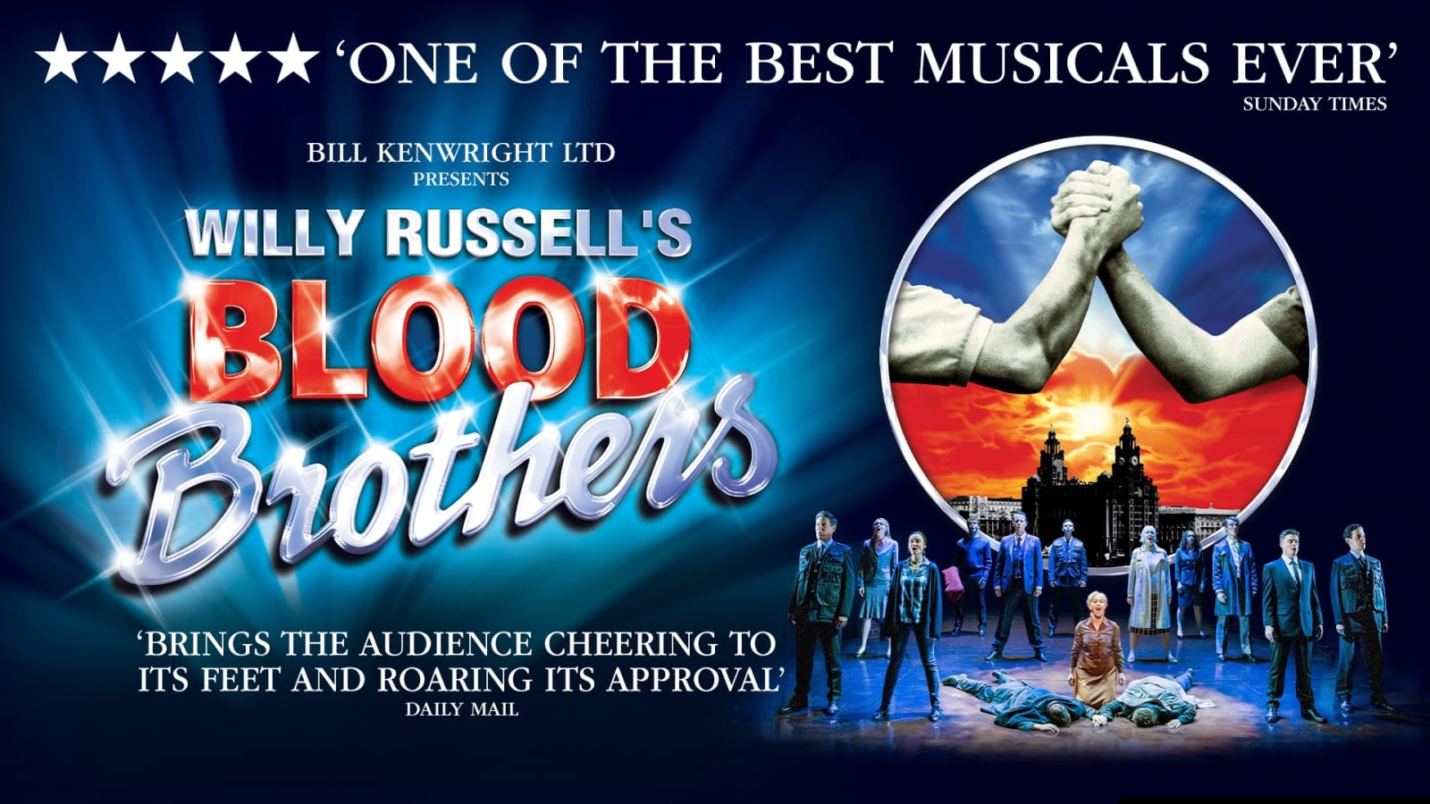 Promotional poster for Willy Russell's Blood Brothers presented by Bill Kenwright Ltd, with bold red and silver title text on a dark blue background.