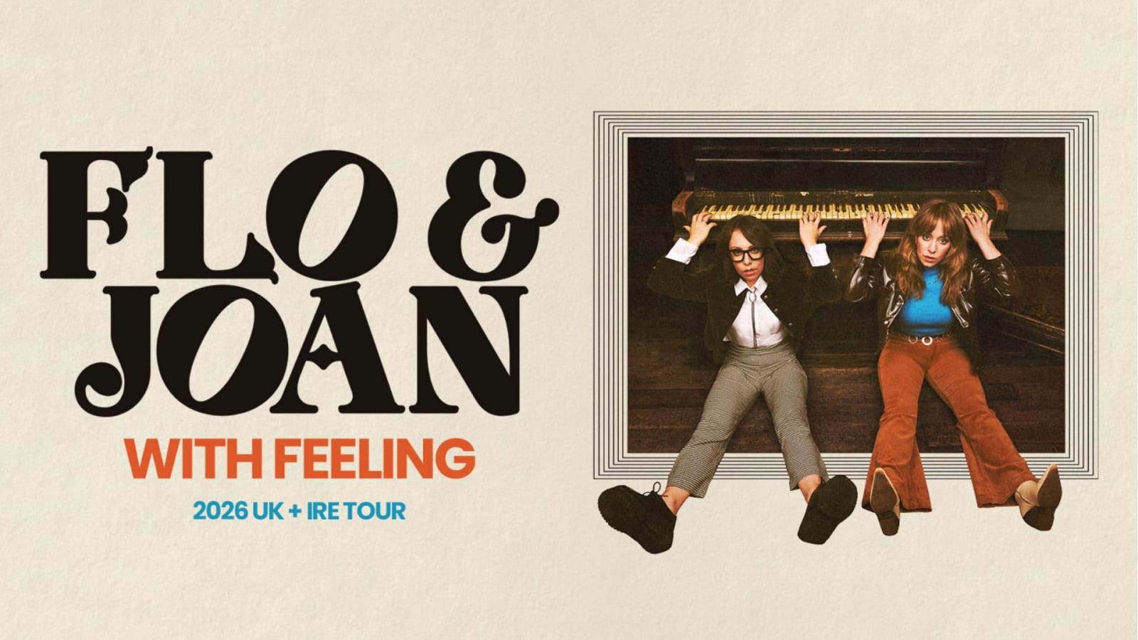 Cream promotional poster reading Flo & Joan: With Feeling, with a photograph of two performers in front of an upright piano.