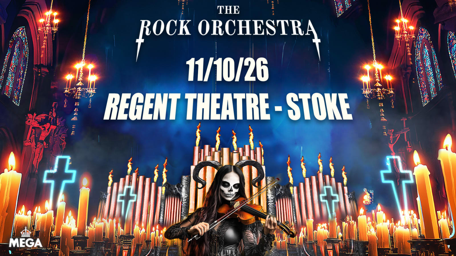 Promotional artwork for The Rock Orchestra at Regent Theatre Stoke, showing a skull-faced violinist amid candlelight and a gothic pipe organ backdrop.