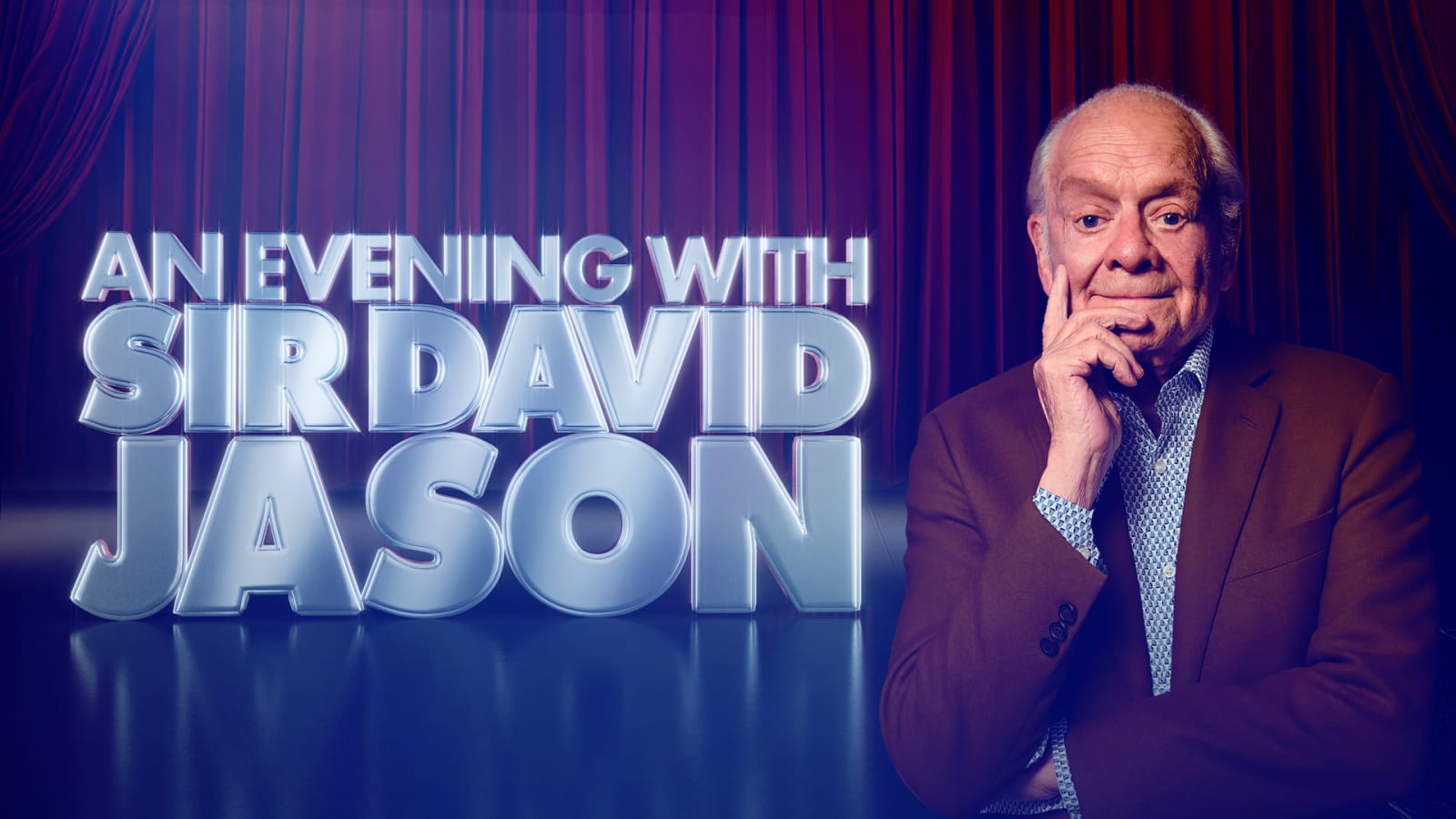 Promotional image with large silver three-dimensional title text reading AN EVENING WITH SIR DAVID JASON on a blue-lit stage, alongside a man in a tan blazer with his hand to his chin