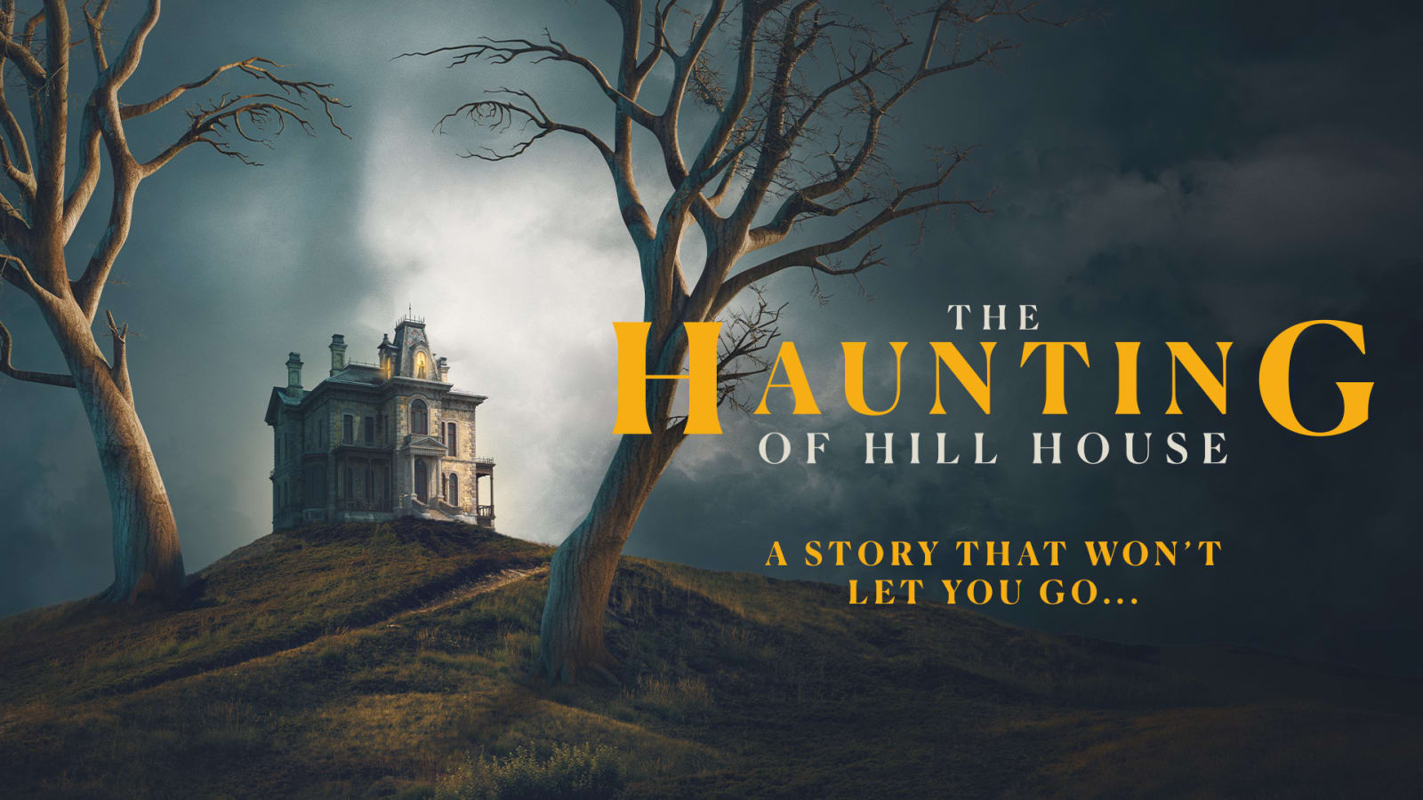 Promotional artwork for The Haunting of Hill House showing a house on a hill between bare trees with the title in gold lettering.