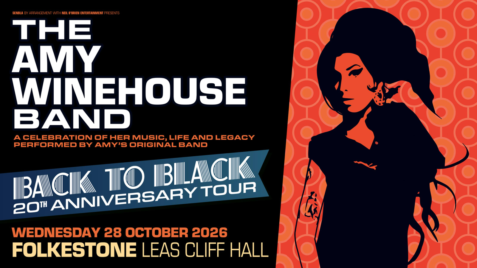 Promotional poster for The Amy Winehouse Band Back to Black 20th Anniversary Tour at Folkestone Leas Cliff Hall on Wednesday 28 October 2026.